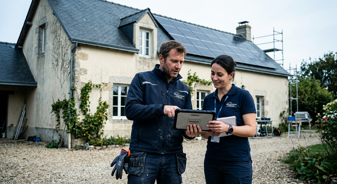 A technician and a sales representative reviewing a tablet on a renovation job site